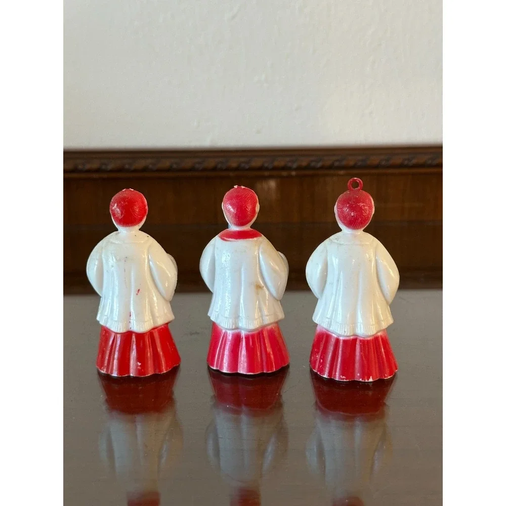 Xmas Ornaments 3 Choir Boys w/candles & hymn books 1950s ROSBRO Hard Plastic USA